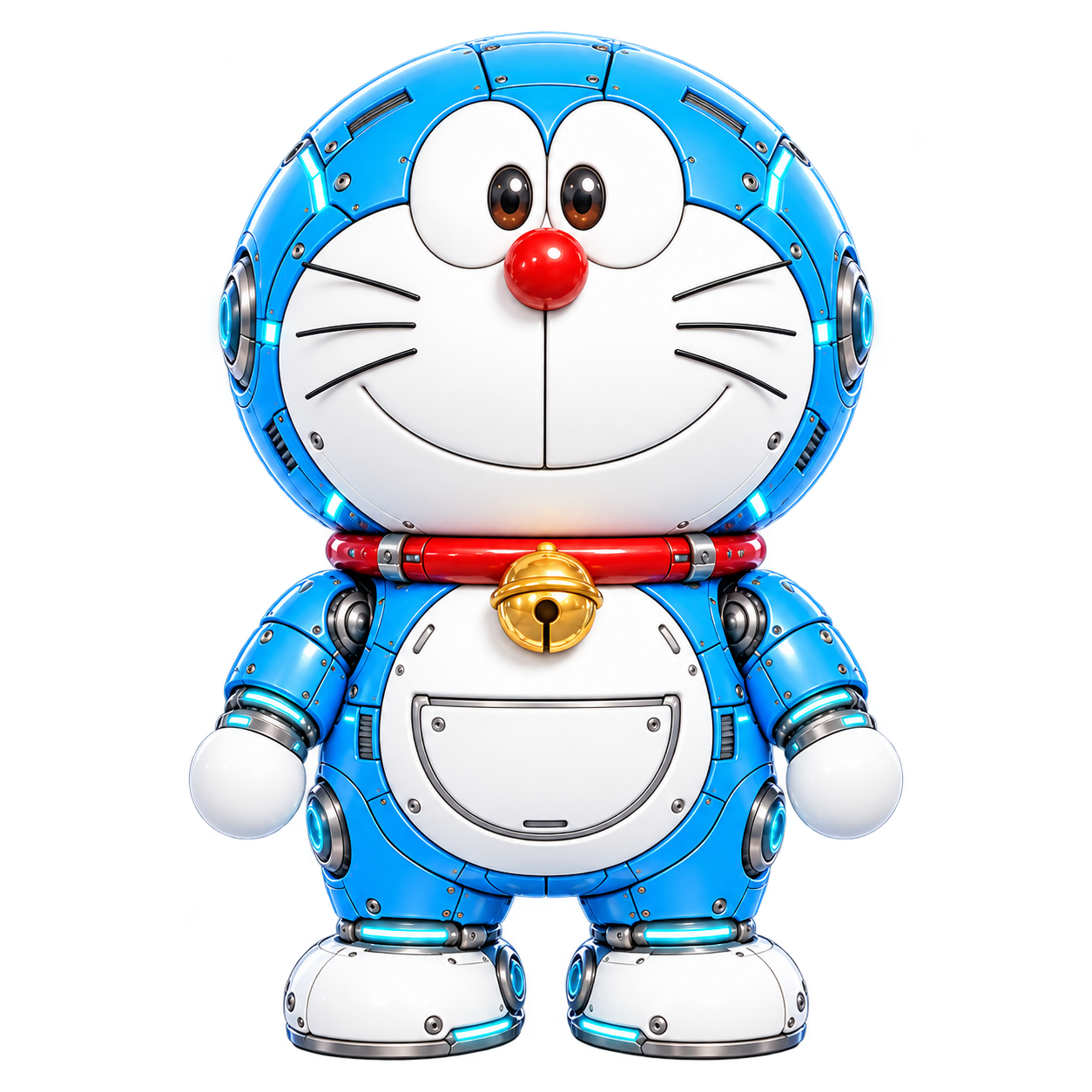 Doraemon robot xanh sáng, thân tròn, giáp trắng và chuông vàng